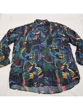 EUC Mens LARGE Vintage Protest 100% Silk Button Up Shirt Long Sleeve Black/Multi